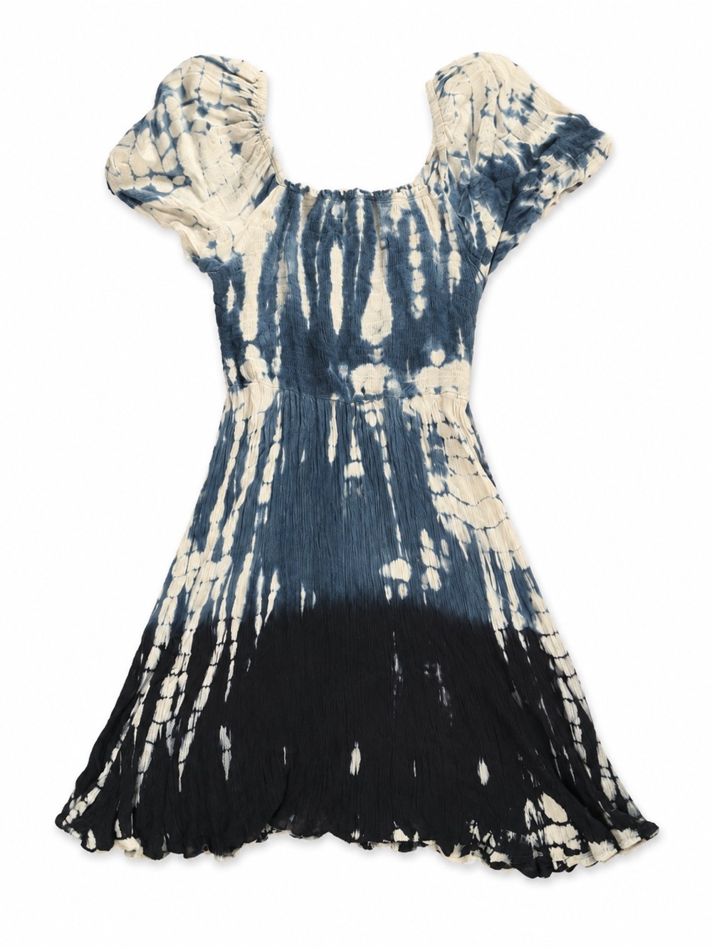 Angie Tie-Dye Puff Sleeve Mini Dress in Blue and Cream